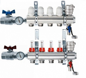 Блок коллекторный 1 1/4" на 3 отв. 3/4" с термостат. вст., расходомерами, кранами c термометрами Euros