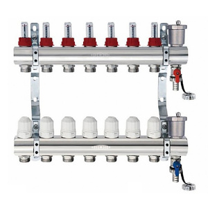 Блок коллекторный с термостатическими клапанами и расходомерами 1", 7 выходов 3/4" "евроконус"