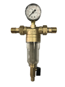 Фильтр промывной 1/2", американки, сетчатый 100 мкр, с манометром и прозрачной колбой, Kromwell