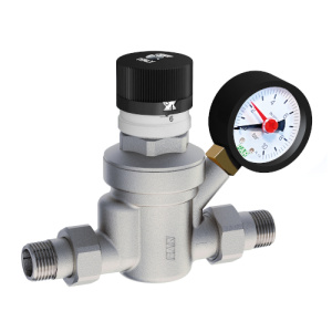 Редуктор 1/2", НР-НР, с визуализацией давления, с манометром, хромированный FAR