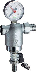 Фильтр 1/2", НР-ВР, 300 мкм, с манометром, Tmax: 95 °С, 25 бар FAR