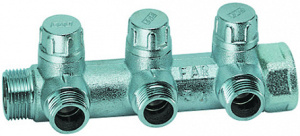 Коллектор запорный 3/4", ВР-НР, 3 отвода 1/2", НР, плоск.присоед. FAR