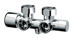 Узел Н-образный, с термо. и зап.клапанами, угловой, 3/4"EU - 3/4", ВР, цвет серебро FAR