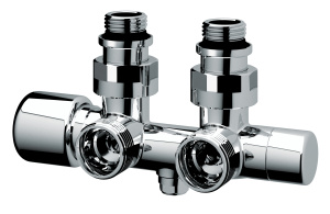 Узел Н-образный, с термо. и зап.клапанами, угловой, 3/4"EU - 1/2", НР, цвет серебро FAR