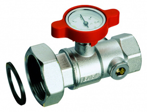 Кран шаровой 1"-1/2", ВР-накидная гайка, термометр до 80 _С, цвет ручки синий FAR