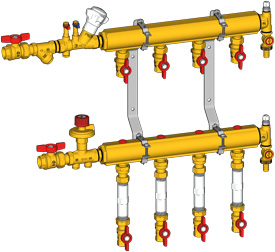 Узел коллекторный, отопления, этажный, компактный, со встроенными запорно-регулирующими клапанами 1" x 1/2" 5 отводов Giacomini