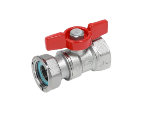 Кран шаровой с внутренней резьбой, с отводом с накидной гайкой для счетчиков, 1"F x 1"гайка - красн