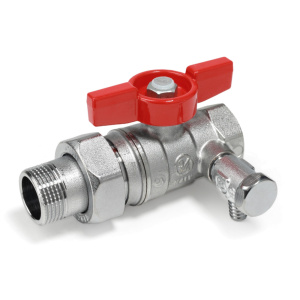 Кран шаровой с отводом и сливом, 1/2", сливной кран 1/4", ручка-бабочка красная, ВР-НР, хромированный