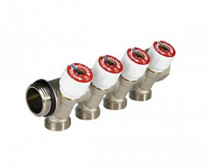 Коллектор сантехнический с вентилями, никелированный, 1"х3/4"E, 4 отвода