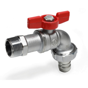 Кран шаровой, R620, 1/2", Н, ручка-бабочка красная, хромированный, для садового шланга с выводом для