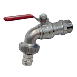 Кран для садового шланга с выводом для резинового шланга, 3/4”, ручка-рычаг, красная, ВР-ВР, хромиро