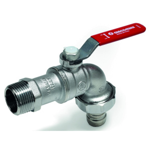 Кран для садового шланга с выводом для резинового шланга, 1”, ручка-рычаг, красная, ВР-ВР, хромирова