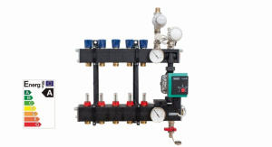 Коллекторная группа композитная с насосом и регулятором температуры воды, 1/2" - 1 х 3/4"