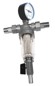 Фильтр промывной 1/2", американки, сетчатый 100 мкр, с манометром и прозрачной колбой, Kromwell