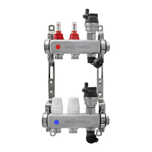 Блок коллекторный из нерж. стали с расходомерами и термостатическими клапанами 1"x3/4"EU x2, в комплекте автомат.возд., сливн.кран Kromwell