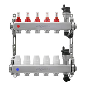Блок коллекторный из нерж. стали с расходомерами и термостатическими клапанами 1"x3/4"EU x5, в комплекте автомат.возд., сливн.кран Kromwell