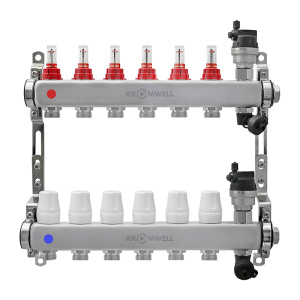 Блок коллекторный из нерж. стали с расходомерами и термостатическими клапанами 1"x3/4"EU x6, в комплекте автомат.возд., сливн.кран Kromwell