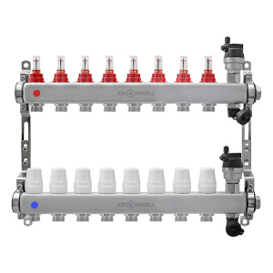 Блок коллекторный из нерж. стали с расходомерами и термостатическими клапанами 1"x3/4"EU x8, в комплекте автомат.возд., сливн.кран Kromwell