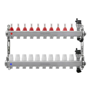 Блок коллекторный из нерж. стали с расходомерами и термостатическими клапанами 1"x3/4"EU x10, в комплекте автомат.возд., сливн.кран Kromwell
